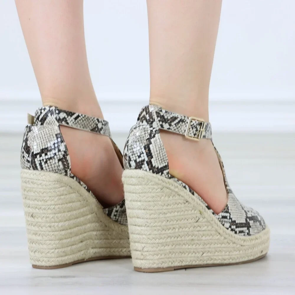 Faux Snakeskin Wedge Sandals Ankle Strap Espadrille Platform Buckle Closure